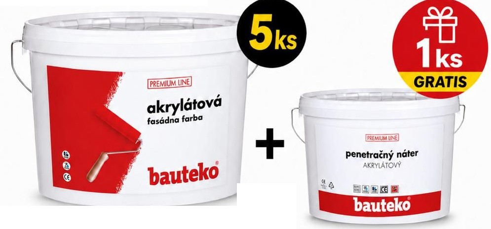 5 ks akrylátovej alebo silikónovej fasádnej farby bauteko Premium line + 1 ks penetračného náteru bauteko grátis